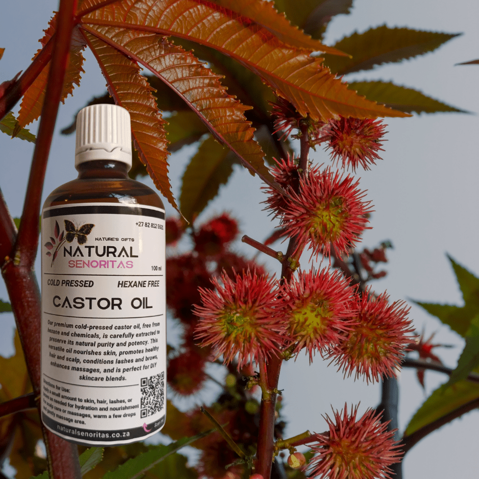 Natural Castor Oil bottle with castor seeds and leaves in the background
