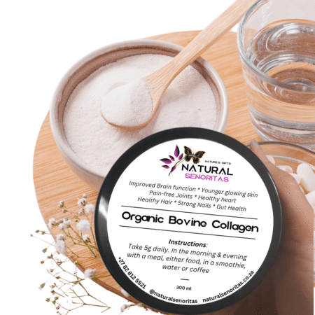 Natural Senoritas Organic Bovine Collagen powder in a container with a scoop.