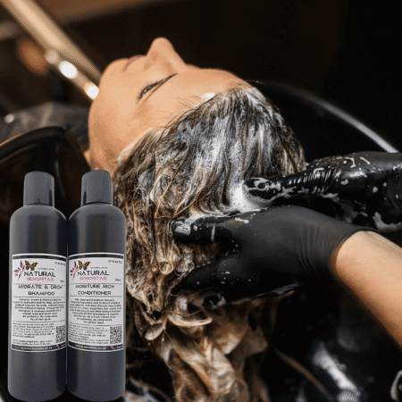 Hands washing hair with shampoo while Natural Senoritas shampoo and conditioner bottles stand nearby.