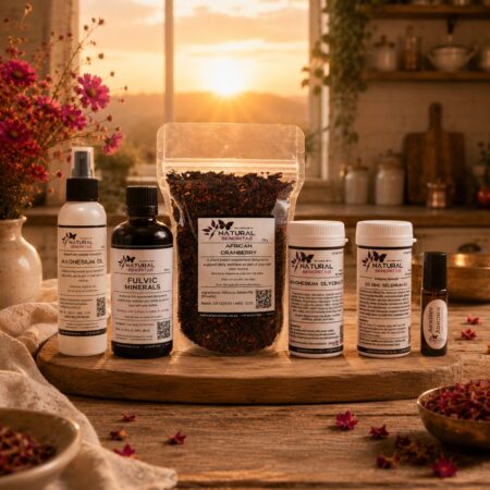 Natural Senoritas Burnout Reset Kit — magnesium oil, magnesium glycinate, fulvic minerals, African cranberry, vitamin D3 and an essential oil blend on a wooden board